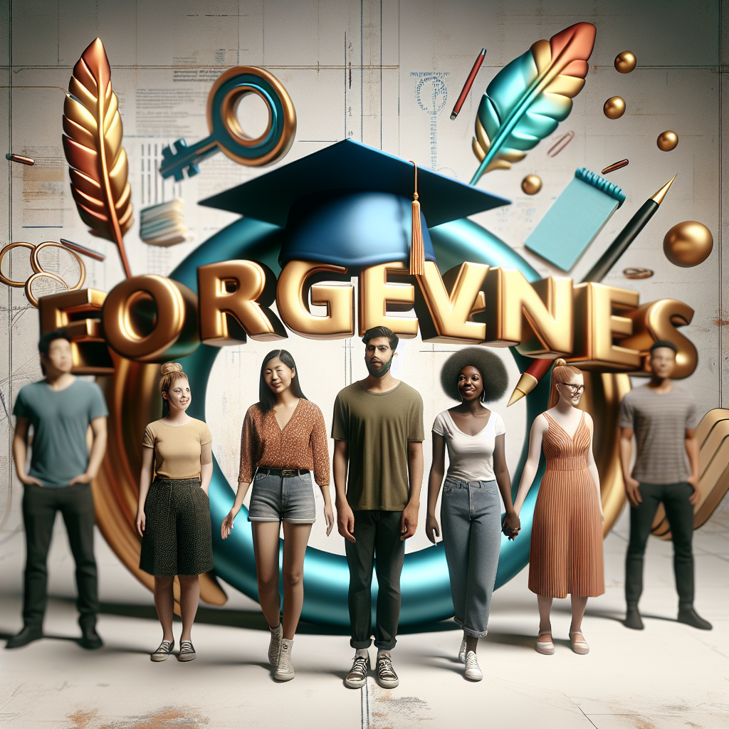 Visualize a balanced composition that captures the concept of 'student loan repayment'. In the foreground, a diverse group of people, including an Asian man, a Black woman, a Hispanic person, and a Caucasian person, all visibly in their early 20s, exhibiting expressions of relief and hope. They are dressed in casual, contemporary attire, suggestive of students or recent graduates. In the background, a large, semi-transparent 'forgiveness' text floats, looking like it's made from shiny gold. Abstract symbols such as a feather pen and a university cap are interspersed throughout the image to add depth and context. This image carries a hopeful and positive tone.
