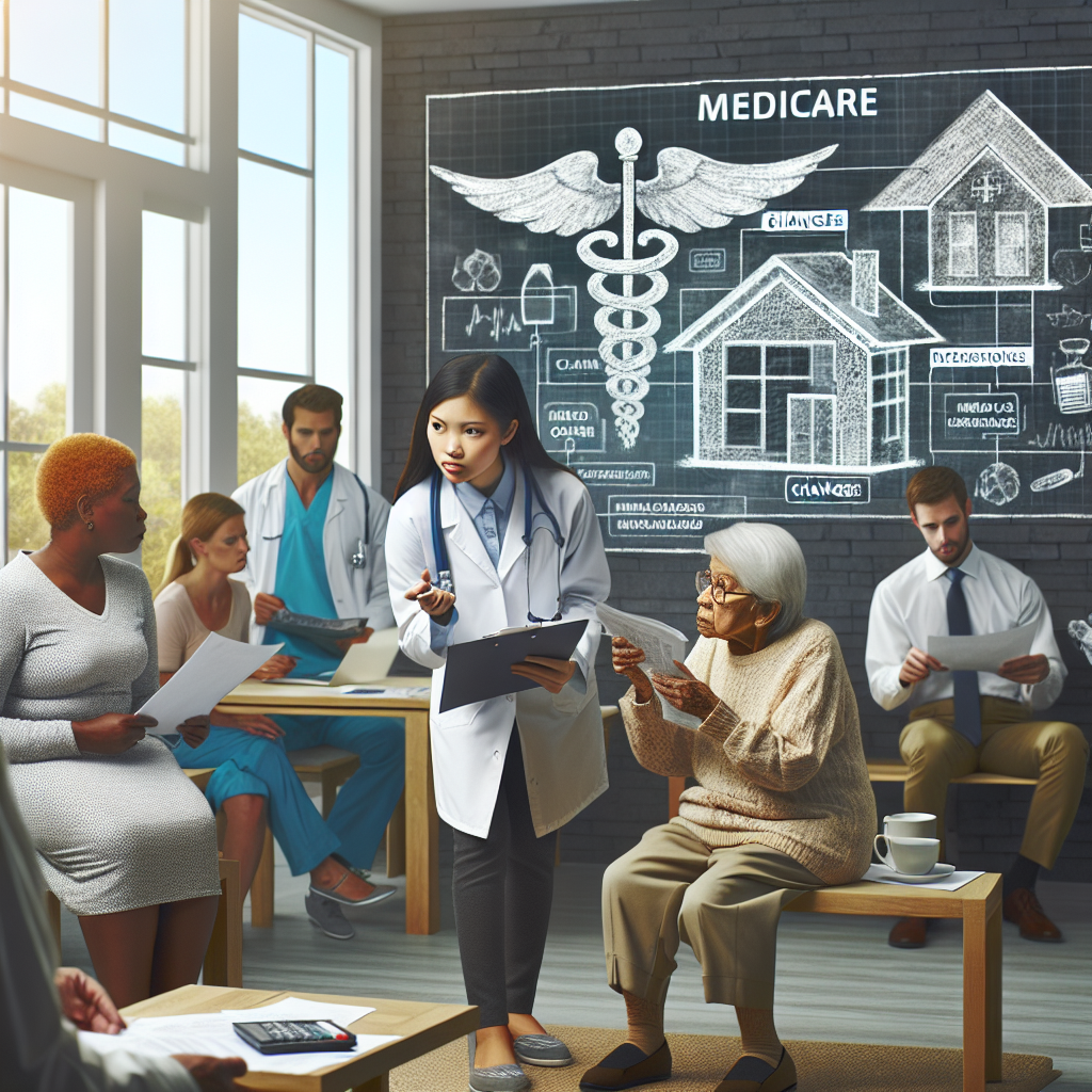 Create an image that conveys a concept of healthcare system reforms. Picture a traditional doctor's office setting with modern and old-fashioned medical equipment. The scene should have an Asian female doctor wearing a lab coat, consulting with an elderly Black woman about new medical insurance policies. Behind them, a diverse group of people, including a Hispanic male nurse, a Middle-Eastern young woman, and a South Asian elderly man, are waiting in a sitting area, searching through paperwork about changes in healthcare insurance. On the wall, visualize a blueprint with highlighted changes, symbolizing the Medicare evolution.