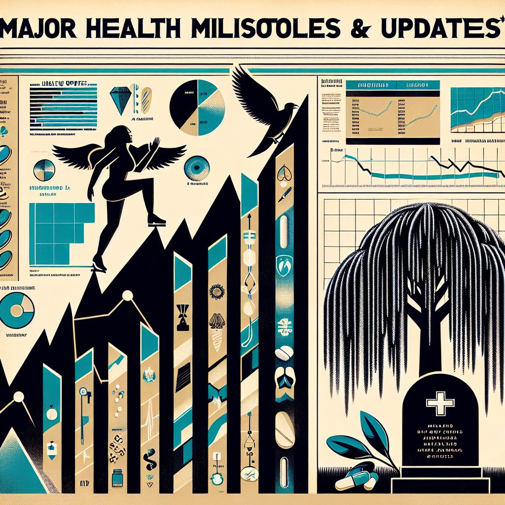 A symbolic image representing the concept of health updates: a stylized, old fashioned newspaper with a headline 'Major Health Milestones & Updates'. On one side of the newspaper, depict a human figure climbing a mountain, symbolizing personal achievement and overcoming health issues. On the other side, a weeping willow next to a headstone, symbolizing tragic losses. Arrays of different medical charts, graphs and pills fall between the columns of text, adding a sense of urgency to the overall image.