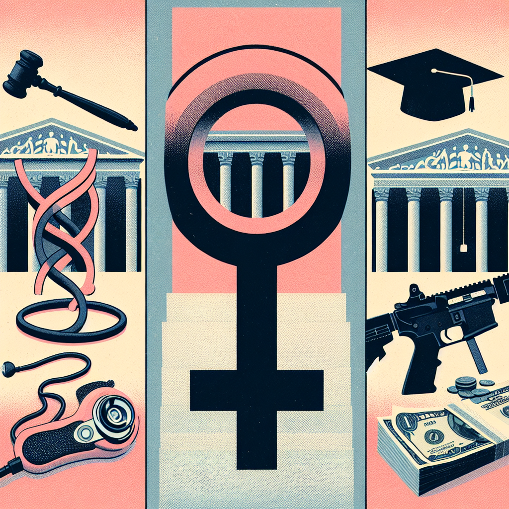 An abstract representation of three key themes: reproductive rights, gun laws, and student loans. In the first third of the visual, depict a symbolic representation for reproductive rights such as a medical stethoscope and a Venus symbol often associated with femininity. In the middle section, illustrate gun laws symbolism using a gavel and a firearm depicted more like an icon rather than a realistic model. For the last third, symbolize student loans with a graduation cap and a stack of dollar bills. The background should show an abstract portrayal of the United States' highest court building.
