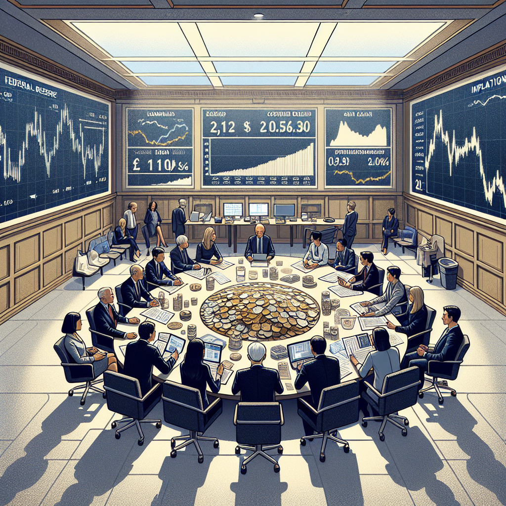 Visualize a large, airy room filled with several people of different genders and descents (Caucasian, Hispanic, Middle-Eastern, South Asian, Black) engaged in serious discussion. They can be wearing formal clothes, indicative of financial advisors or bankers. On the wall, illustrate a large screen displaying charts and graphs illustrating interest rates and inflation trends. Scatter around some coins, currency notes, and financial newspapers on a large table in the middle of the room. This scene represents the essential insight into Federal Reserve's decisions on interest rates and its impact on inflation.