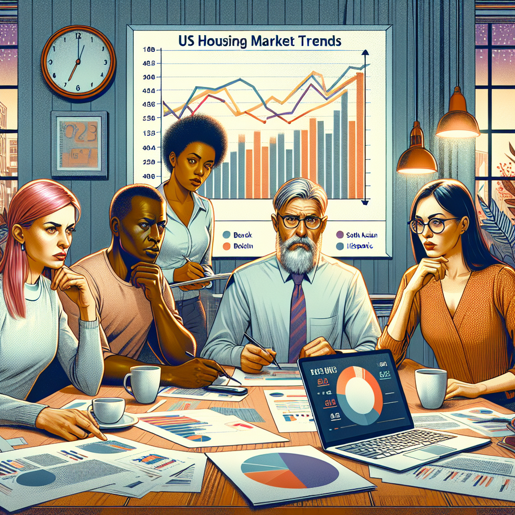 An illustration showing a group of diverse people, with a Caucasian woman, a Black man, a South Asian man, and a Hispanic woman, sitting around a table studying a large colorful chart titled 'US Housing Market Trends'. They look serious and focused, highlighting the current crisis of rising mortgage rates. The room is filled with an atmosphere of urgency: documents scattered around, a large wall clock showing late hours, and cups of coffee symbolizing their hard work to understand and overcome the crisis. On the table, there's also a laptop showing the latest news about the US housing market.
