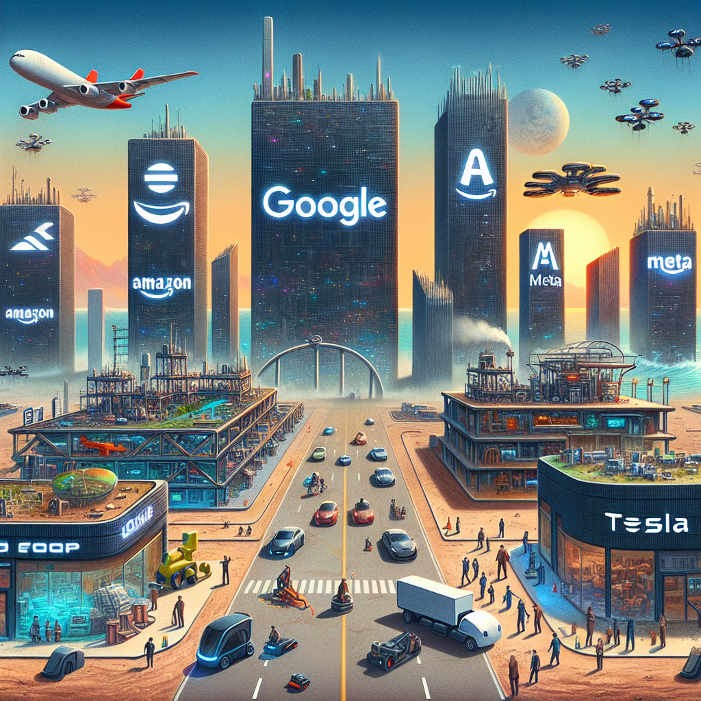 A futuristic cityscape comprising of four distinct sections, each representing a leading tech company. The section for Google should features a massive search bar etched onto a skyscraper. Amazon's area is like a futuristic delivery factory with drones. Meta's territory is a city within virtual reality goggles. Tesla's portion shows electric vehicles and a Hyperloop system. All four cityscape areas are showing signs of wear and tear, representing the fallout. A group of people of mixed genders and descents are working together to repair and innovate, symbolizing survival after fallout.