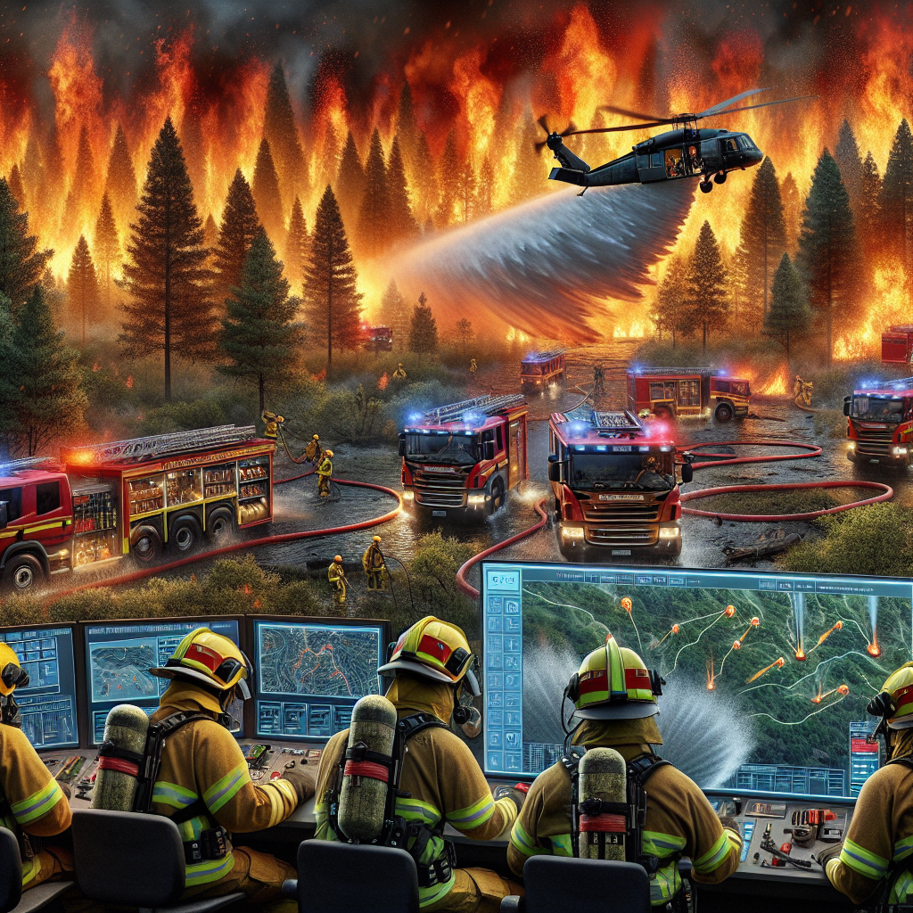 A harrowing scene of wildfire raging through a dense forest, orange and red tongues of flames flickering relentlessly. Brave and well-equipped firefighters of various descents and genders are hard at work to control the fire, using advanced firefighting equipment. In the background, a fleet of red fire trucks with flashing sirens stands ready for action. Overhead, a helicopter is dropping colossal amounts of water over the burning area. On a digital screen visible near the command post, a detailed strategy map outlines the containment plan. This scene represents the intensive efforts of emergency response during a wildfire disaster.