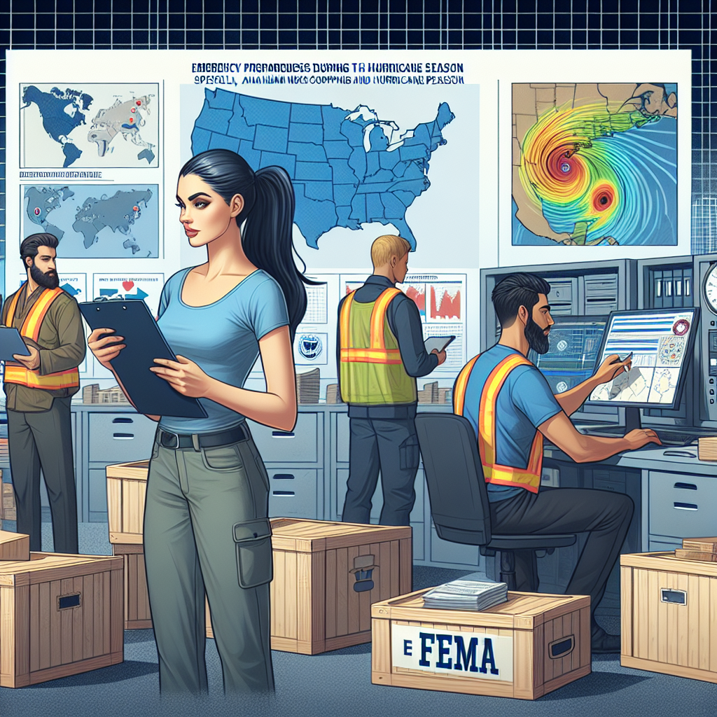 Picture a scene depicting emergency preparedness during the hurricane season, specifically, by FEMA. In the image, a diverse group of emergency personnel - a Caucasian female team leader checking her clipboard, an Asian male worker coordinating supplies in a warehouse, a Hispanic female operator at a communications device, and a Middle-Eastern male officer monitoring a weather radar system. The image should convey the seriousness and urgency of hurricane season, illustrating secure, sealed emergency supply crates, maps of hurricane-prone regions, weather charts tracking storms, and reflective safety vests.