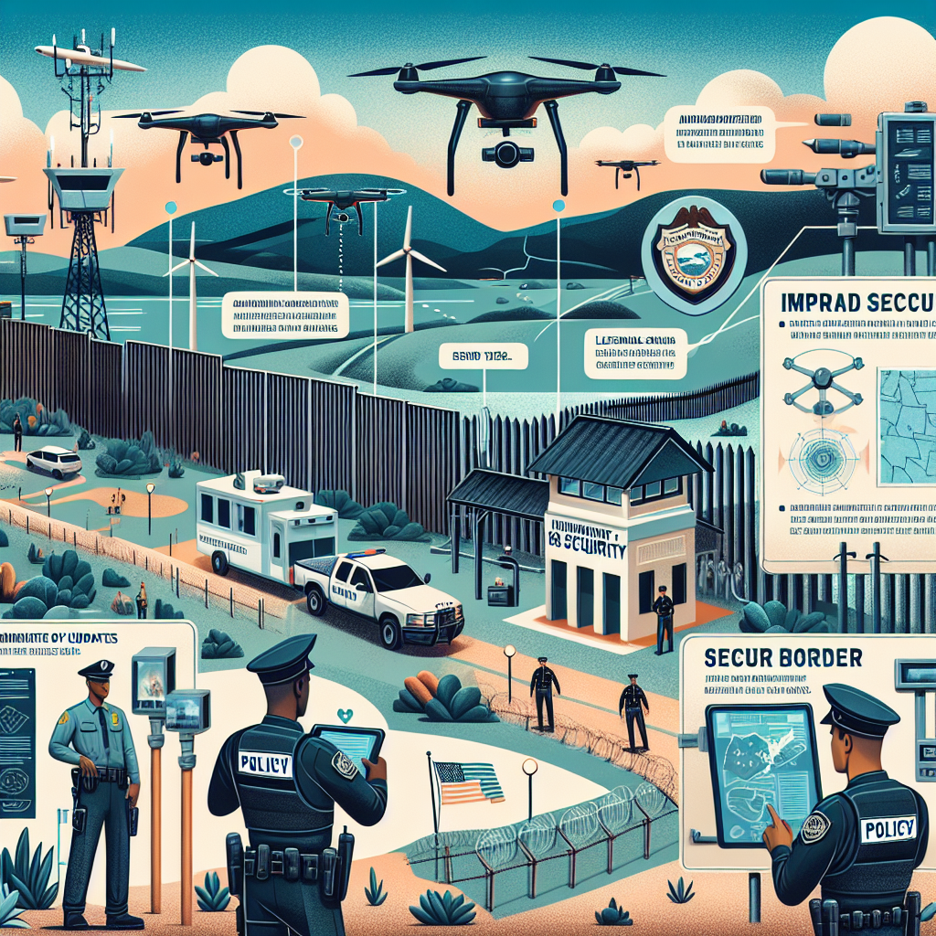 An informative illustration demonstrating various elements of U.S. immigration policy changes focused on improved border security. The image could include a border checkpoint nestled against the backdrop of a diverse landscape, with advanced security technologies like surveillance drones, electronic scanners, and secure border fences in place. Specifically, the personnel operating these advanced tech could include a male Hispanic officer monitoring the drones, a female Asian officer operating the electronic scanners, and a Black male officer patrolling along the secure border fence. Add details like policy documents with highlighted updates and a wall map detailing border routes to provide contextual depth.