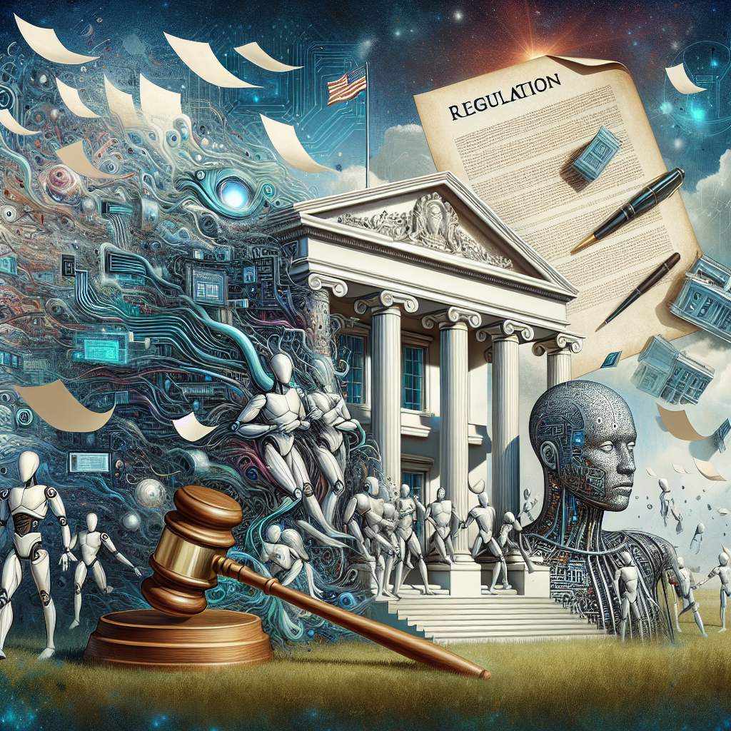 An intricately detailed scene depicting the concept of AI regulation. In the foreground, a metaphorical representation of the White House, with gusts of paper symbolizing policy documents, flowing out. Scattered around the landscape are well-defined figures representing Artificial Intelligence: humanoid robots, complex circuitry patterns, and futuristic digital screens. These elements are portrayed subtly exhibiting disobedient behavior, while looming over them is a gavel signifying regulation. The image reflects technology, law, and administration coming together in a vivid and insightful portrayal of AI regulation.