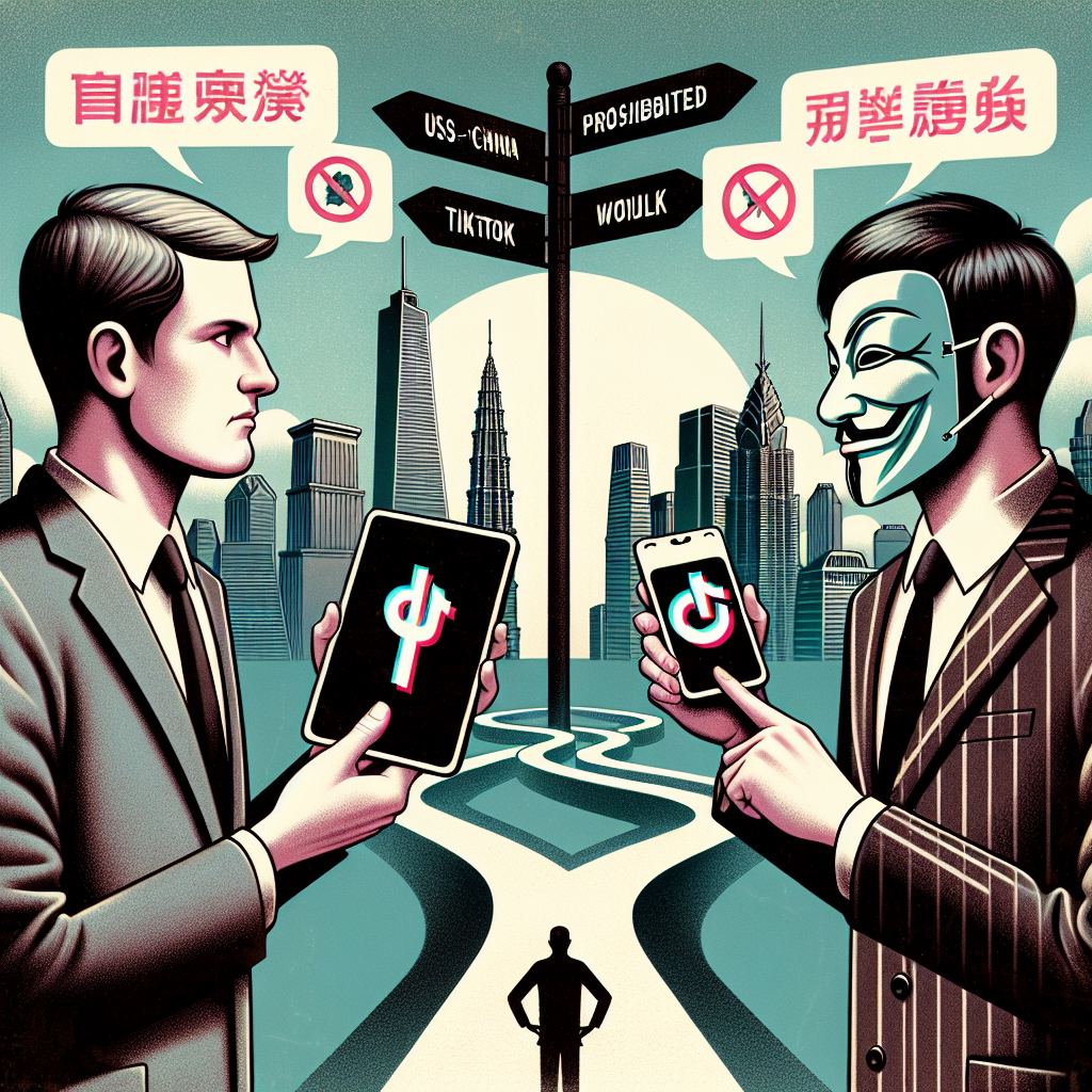 An illustrative image showing two anonymous individuals involved in a debate, symbolizing the US-China tech tensions. On one side, a Caucasian man wearing a formal suit holds a tablet displaying a prohibited symbol, representing the proposed TikTok ban. On the other side, an East Asian man stands with a mobile phone demonstrating TikTok's logo. Between them is a winding road signifying the path to resolve tensions. Both men look determined as they are in deep discussion, with text bubbles above them indicating a spirited debate. The backdrop includes a mix of skyscrapers, to represent the tech industry.