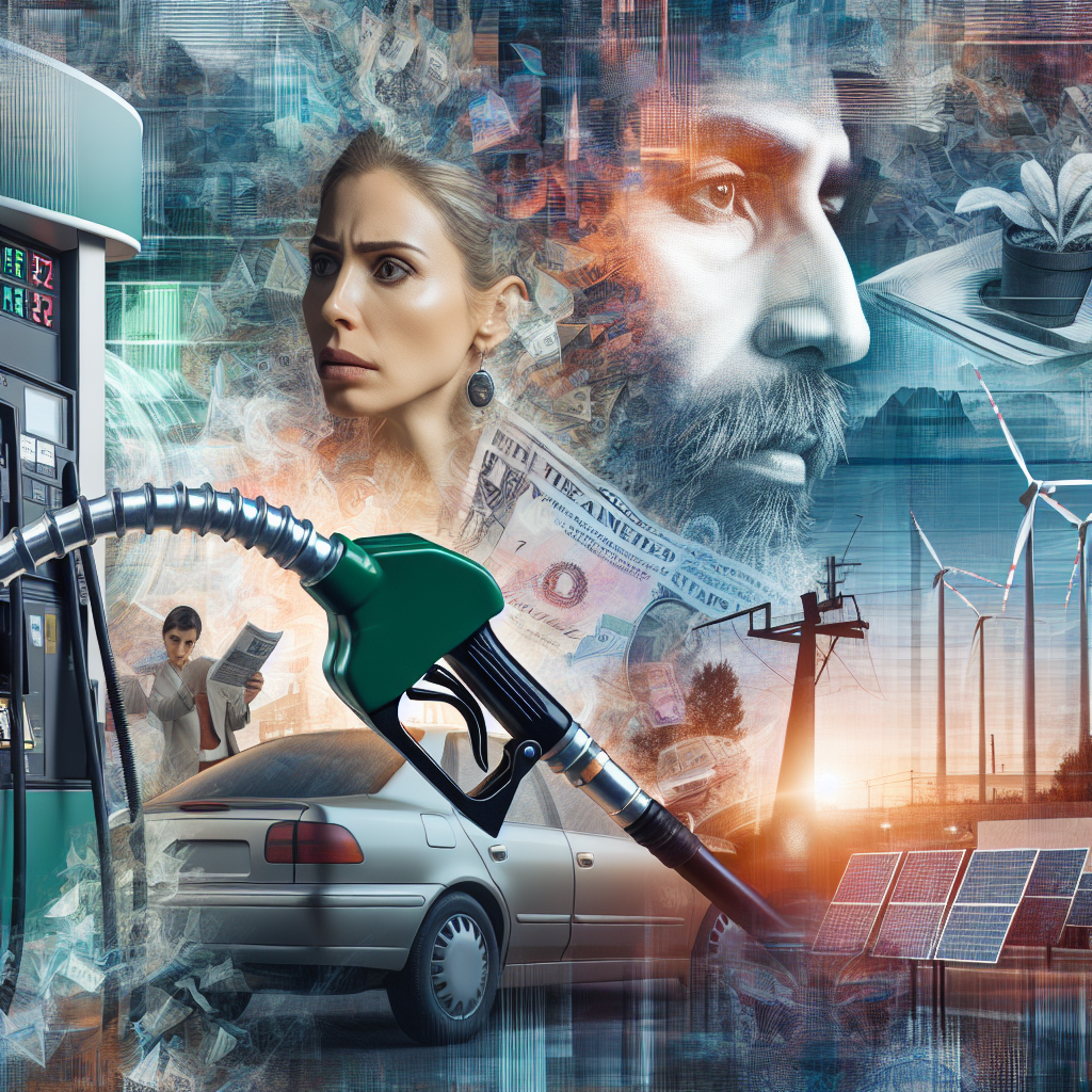 A complex, layered image signifying the surge in gas prices and US energy policy shifts. In the foreground, a Caucasian woman is shown refueling her car at a gas station, visibly worried as she looks at the high prices on the digital screen. In the mid-ground, a Middle-Eastern man is depicted reading an economic newspaper with headlines reflecting the surge in gas prices. The background shows images of renewable energy resources like solar panels and windmills, representing a shift away from fossil fuels. All these elements, combined with a shifting, dynamic color scheme, evoke the tension and uncertainty in the energy sector.