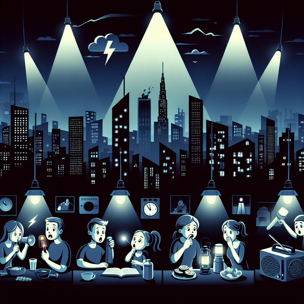 An illustration of a city skyline during a power outage, with only emergency lights visible. Amidst the darkness, surprised individuals of different descents and genders look out from their high-rise apartments. Elements showing preparedness for such situations could be included, like a family using a hand-cranked radio for updates, another individual using a flashlight to read a book, and someone else preparing food using a gas stove. The darkening sky reflects the imminent challenge, with the city's outline cast in a silhouette against it.