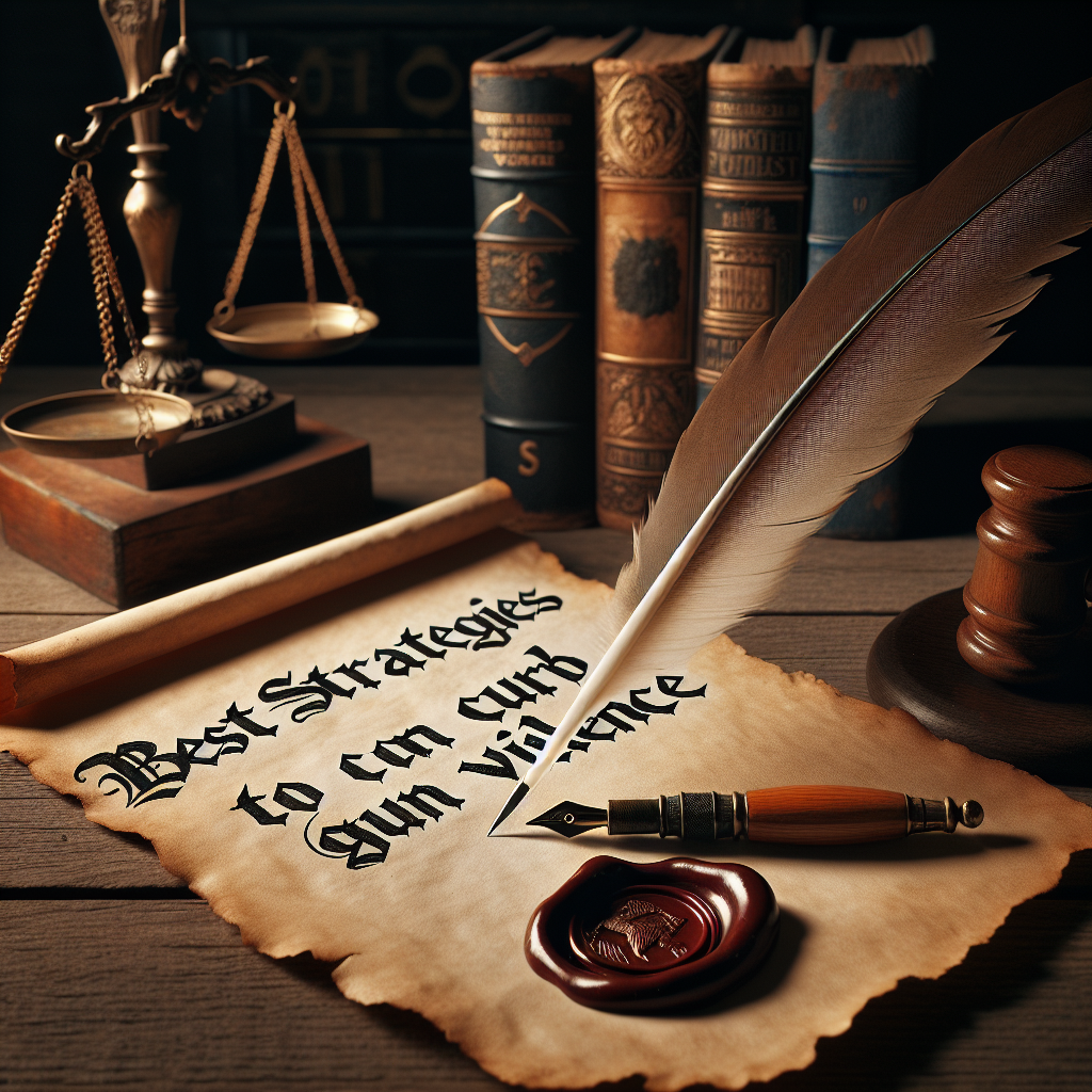 A still life scene on a wooden table. At the left, a piece of aged parchment paper holds the title 'Best Strategies to Curb Gun Violence'. It is adorned with wax seal at the bottom. At the right, a feather quill pen is dipped into an inkwell. The background features iconic symbols of justice such as balanced scales and a gavel. The entire scene is lit by the soft and warm glow of an old-fashioned oil lamp.