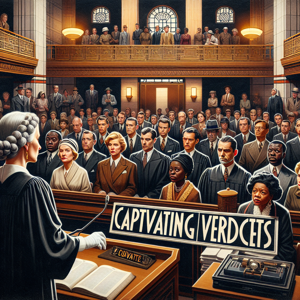 A scene in an ornate courtroom with art deco style architecture where a Caucasian female judge in black robes is presiding. A jury, composed of diverse individuals of various descents such as Black, Hispanic, Middle-Eastern, South Asian, and White, both males and females, are intently watching the proceedings. The atmosphere is tense as everyone awaits the delivery of a verdict in a high-profile criminal trial. Diagonally across the image, there is a banner that reads 'Captivating Verdicts'. The image also includes a glimpse of the crowded spectator area, showcasing the public interest in the trial.