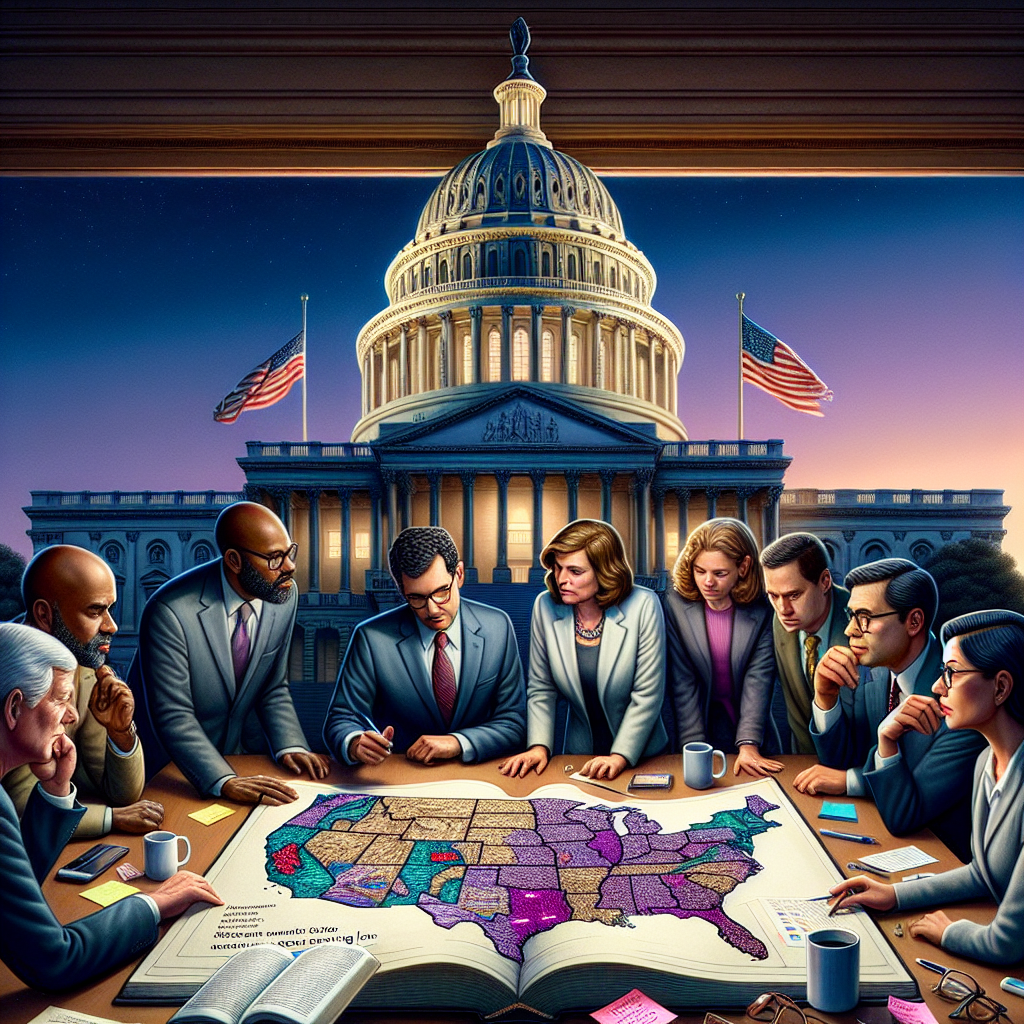 A detailed image of a stone government building against a twilight sky, with the American flag waving gently on its rooftop. In the foreground, a diverse group of citizens—Middle-Eastern male, Caucasian female, Hispanic male, and South Asian female—are profoundly engaged in a discussion. They hold a large map that illustrates changes to the voting district lines across the United States, indicated by various vividly colored zones. An open law book rests upon this map, its pages containing ultrafine text about changes in voting laws. Strewn around the book are post-it notes, pens, coffee mugs, and eyeglasses, suggesting that the conversation has been long and detailed.