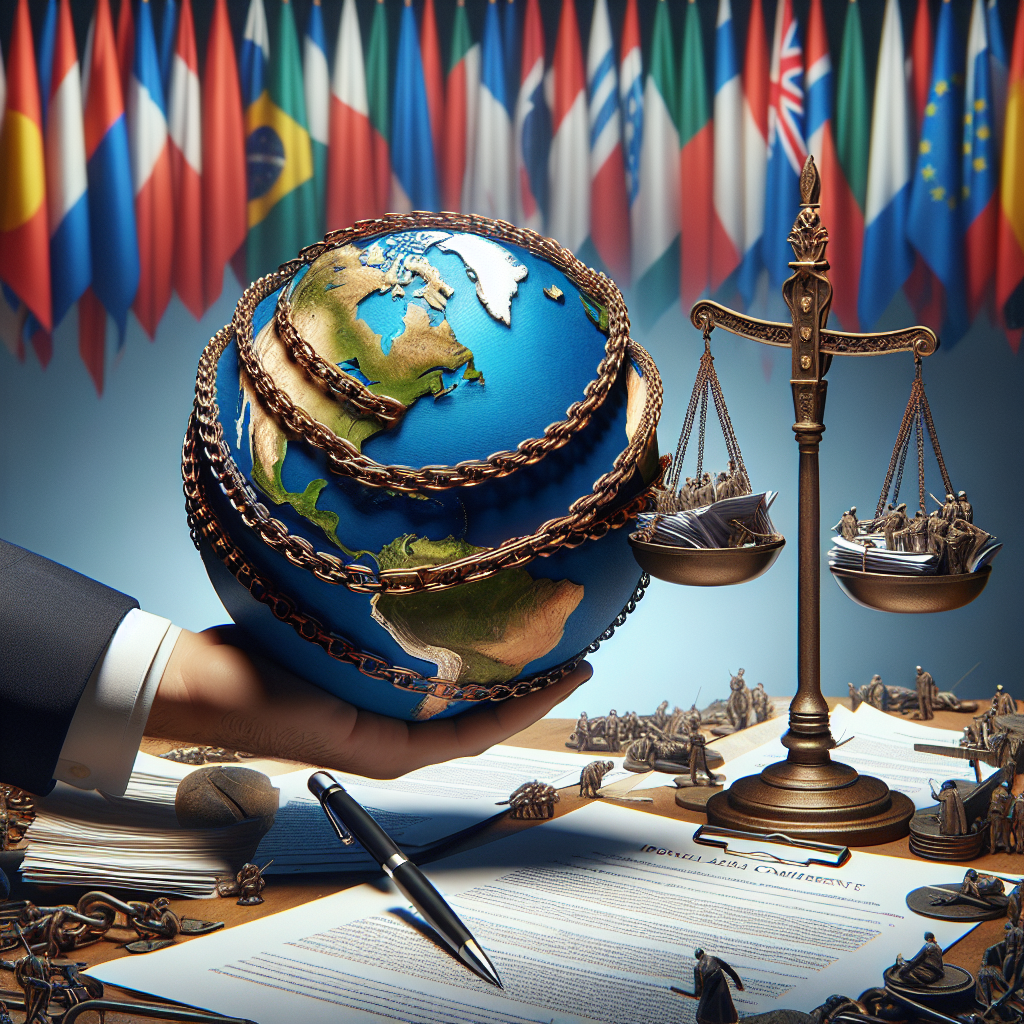 Visual interpretation of an abstract concept about global security commitments. The scene depicts a large and intricate globe, with sturdy chains symbolizing alliances and agreements wrapping around it. In one hand, a person wearing formal attire carefully studies a stack of paperwork, symbolizing US military aid decisions. In the other hand, they carry an old-fashioned balance scale, signifying strategic balance and equity. The backdrop should suggest diplomacy, with flags of various nations hanging subtly in the background, blurred enough to not focus on specific countries.