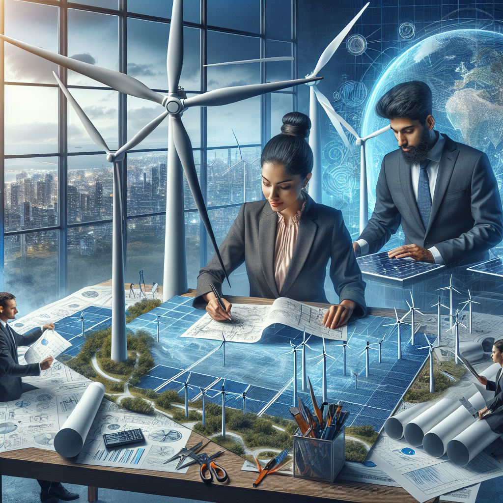 An engaging scene illustrating the concept of clean energy investments and climate action. On the left, there is a businesswoman of South Asian descent diligently studying a blueprint of a large wind turbine, her desk littered with wind turbine models and diagrams. On the right, a Middle-Eastern male environmental engineer is working on a solar panel, tools spread out before him. The background shows a Caucasian man and a Black woman sitting around a table overflowing with blueprints, graphs, and documents, discussing strategies. Their backdrop is a large window overlooking a futuristic city powered by renewable energy sources.