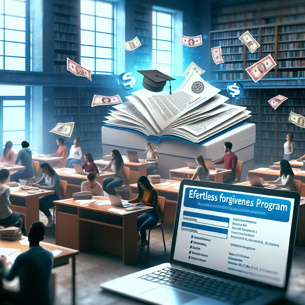 A realistic representation of a diverse group of students zealously studying in a collegiate library. Papers with numbers written on them indicate a student loan. Suddenly, the room lights up, indicating a hopeful update. A laptop screen in the foreground displays the words 'Effortless Forgiveness Program'. Also scatter symbols of various currencies worldwide. This illustrates the global impact of student loans and the potential for relief through forgiveness programs.