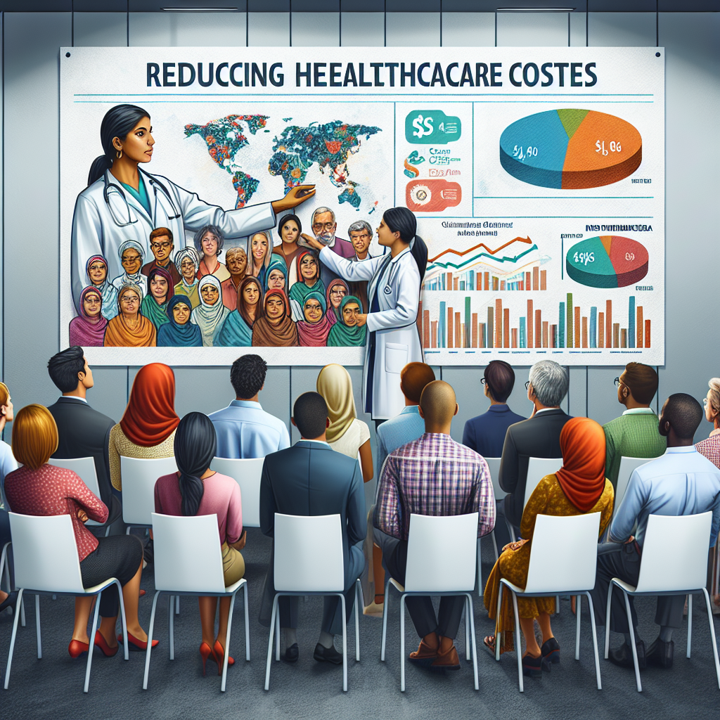 Imagine an informative yet visually gripping illustration for an article about reducing healthcare costs. In the forefront, there's a Hispanic female doctor explaining strategies on a large chart filled with colorful data to a diverse group of individuals. Include a South Asian male, a Caucasian female, and a Middle Eastern male among the audience. The atmosphere is serious, but hopeful. The setting could be a seminar room, simple and slightly modern in design. Enhance the sense of concerted effort and cooperative learning regarding changes in Medicare in order to optimize healthcare budgeting.