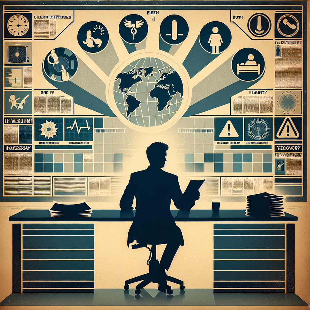 An image representing important life events without direct celebrity references: Display the silhouette of a male newsreader in the foreground. He is casually dressed and sits at a desk with various print and digital newspapers spread out. Behind him, there's a large screen crystal-clear showing pictograms signifying birth, illness, death, and recovery in different quadrants, rendered like an infographic. A global map forms the background for these symbols, denoting the worldwide reach of these updates. Please create the feeling of a vintage newsroom, using a muted color palette to give a nostalgic look.