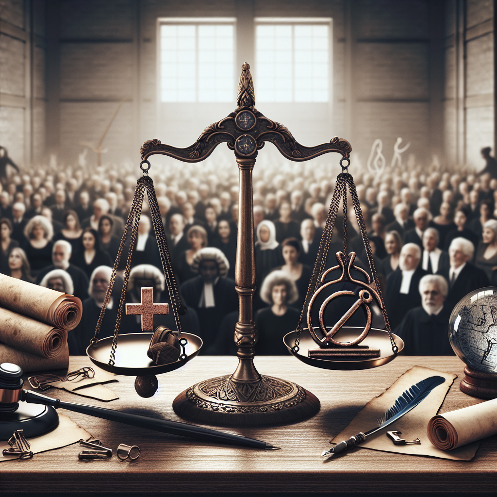 A detailed image of a balanced scales where opposing sides are represented as symbols of a medical cross and a protest sign. The scale is placed on an antique wooden desk surrounded by a crystal ball, ancient parchment scrolls, and an elegant quill in an inkpot. A faint background of a packed courtroom filled with diverse individuals of different genders and descents awaiting a verdict. The atmosphere is tense and filled with anticipation. There are no texts or letterings present, representation is purely symbolic.