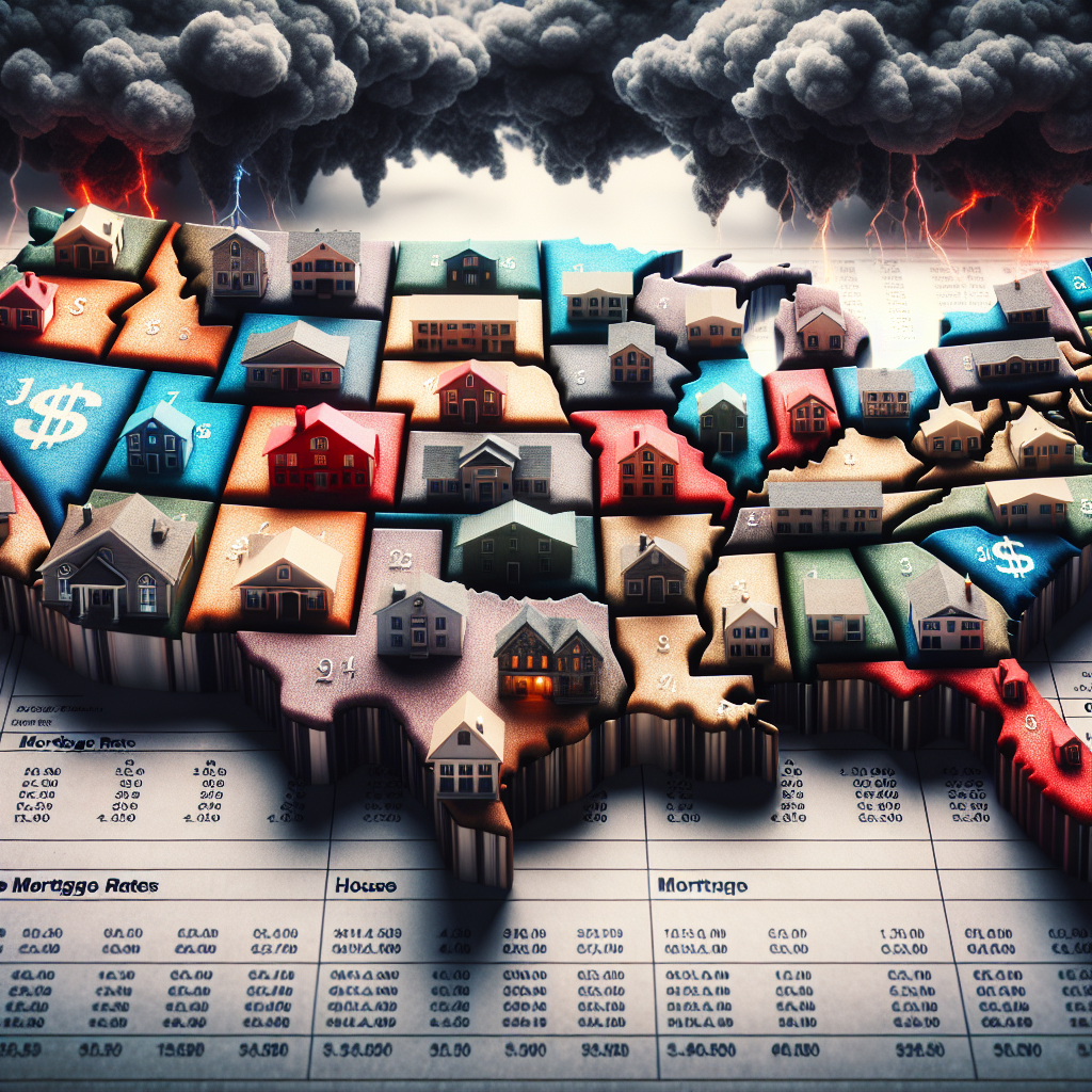 Visualize a distressed 3D representation of the United States map, where each part is a housing structure - each state can be a culmination of different types of houses, condos, apartments etc. The higher the mortgage rate in the specific state, the darker or more ominous the coloration. In the background, a menacing storm denoting 'Rising Mortgage Rates' is casting a shadow over the country. The tone of the image should be intense to signal the urgency of the situation.