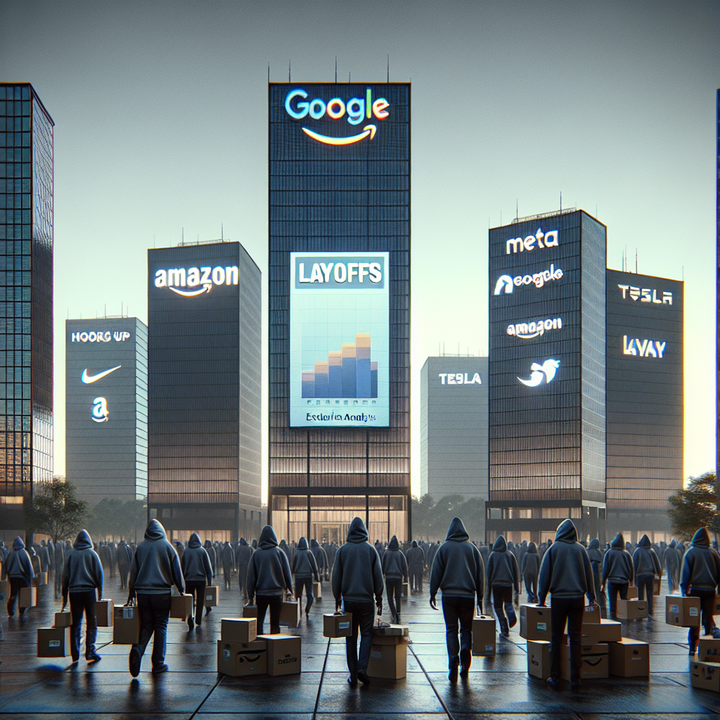 A wide-angle scene with multiple tall, modern buildings that represent major tech companies. Glass and steel skyscrapers, their facades adorned with fictional logos symbolizing Google, Amazon, Meta, and Tesla. In the foreground, anonymous tech employees of diverse descents and genders, heads bowed, carrying boxes filled with work belongings. An electronic billboard showing relevant graphs and numbers indicating layoffs on the side of one building. Underneath, hooks up on a digital news ticker displaying the headline: 'Tech Layoffs: Exclusive Analysis'. The overall mood is somber yet resilient.