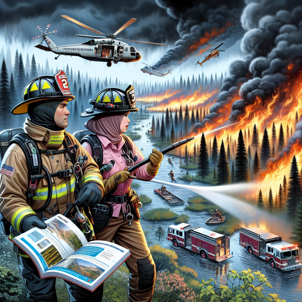 Illustrate an intense scene of firefighters in action, responding to a severe wildfire in a dense forest. Show a male Caucasian firefighter and a female Middle-Eastern firefighter both in protective gear, bravely combating the furious blaze with water hoses. The sky is filled with dark smoke which is reflecting the disturbing glow of the flames. Include equipment like fire trucks and helicopters, indicating a well-coordinated firefighting effort. In the foreground, show a clear visual of a guidebook titled 'Best Strategies to Combat Extreme Heatwaves', symbolizing the need for informed planning and prompt action during wildfire emergencies.