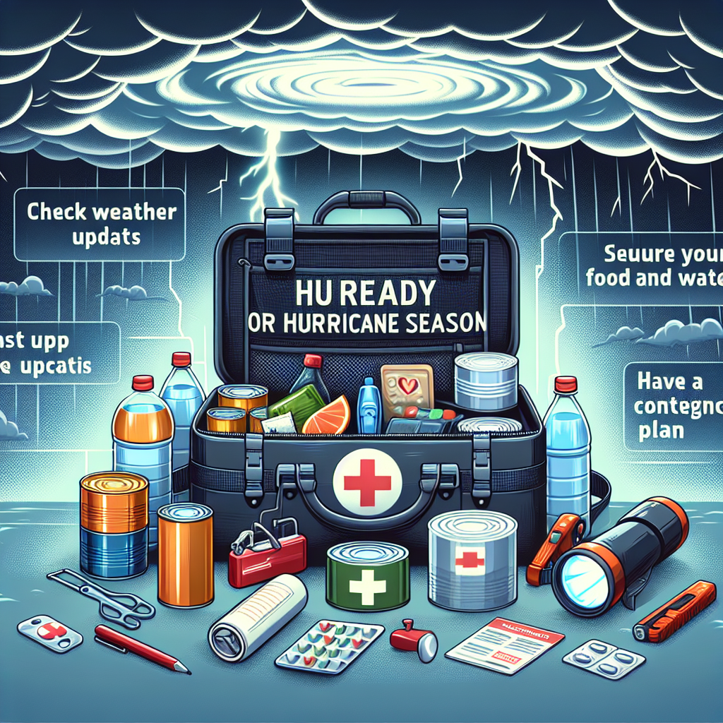 Visualize a packed and ready emergency bag with key items such as first aid kit, flashlights, canned food, and bottled water. The background is filled with dark stormy clouds which symbolize the upcoming hurricane season. A bullet point list of must-have tips for hurricane season, such as 'check weather updates', 'secure your home', 'stock up on food and water', and 'have a contingency plan', are displayed highlighting the importance of being prepared.