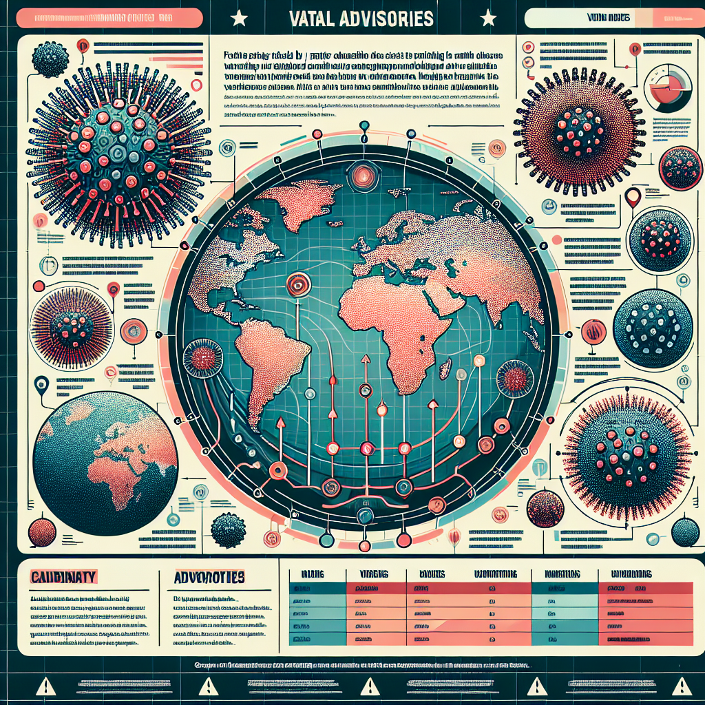 Create a detailed infographic that visualizes vital advisories released by a major health organization pertaining to variants of a pandemic disease. The infographic should include illustrations of various virus variants resembling spiked orbs, each subtly distinct from the others. On the side, display a series of cautionary guidelines. In the center, place a world map tracking the global spread, color-coded by variant type. Ensure accuracy, simplicity, and visual appeal in the infographic.