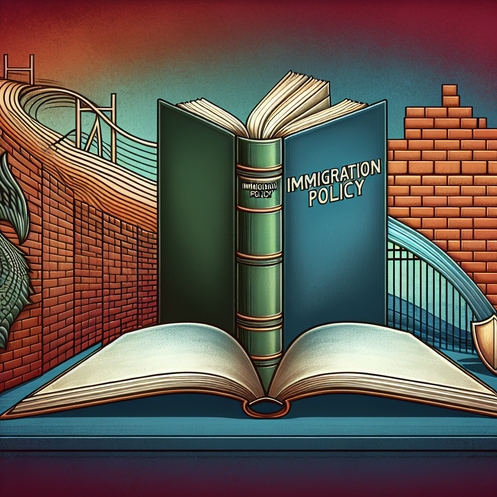 An abstract image representing changes in immigration policy. In the center, show a large book with 'Immigration Policy' written on the cover in bold letters, turning pages to show the evolution of its chapters. At the left, depict a solid brick wall gradually transforming into a bridge, symbolizing the shift towards more open policies. To the right, introduce a shield, symbol of increased security measures. Leave sufficient space for text to be added later by the writer. The colors should convey seriousness and progression.