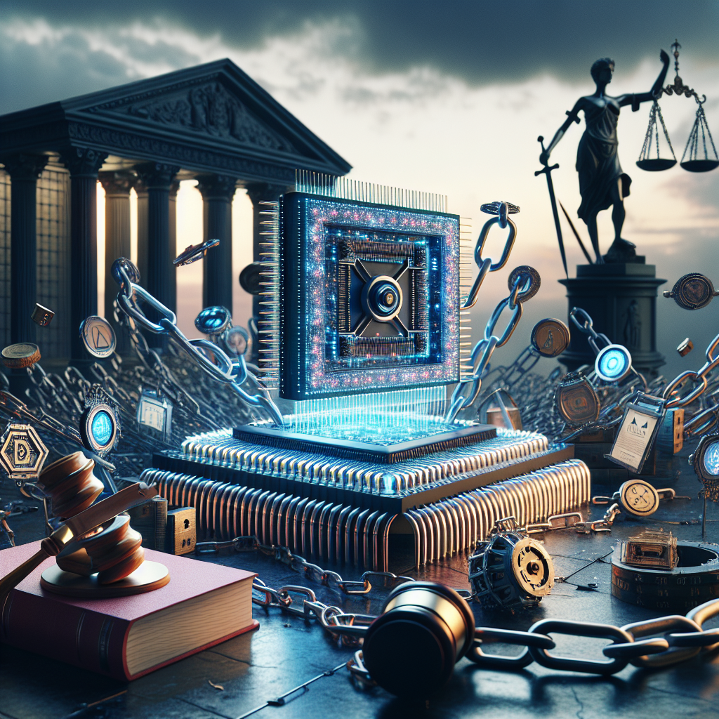 An image depicting a conceptual representation of artificial intelligence and regulation. In the foreground, there is a large, complex integrated circuit (representing AI). Surrounding this are giant symbolic chains and locks with legal paraphernalia like a gavel, law books, and scales of justice. On the far background, a silhouette of a classical-style building representing government institutions. The entire scene is bathed in soft evening light emphasising the seriousness of the topic.