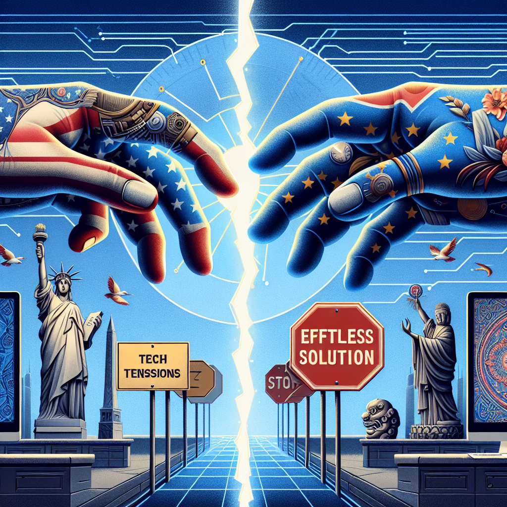 A conceptual representation showing two digital hands, one representing the US with motifs of its iconic monuments and another representing China with motifs of its traditional culture, reaching towards each other over a digital divide. The background shows a clock to subtlety suggest the concept of Tik-Tok. There is a signboard at the center reading 'Tech Tensions' with a stop sign. Emerging from the divide, the words 'Effortless Solution' are inscribed.