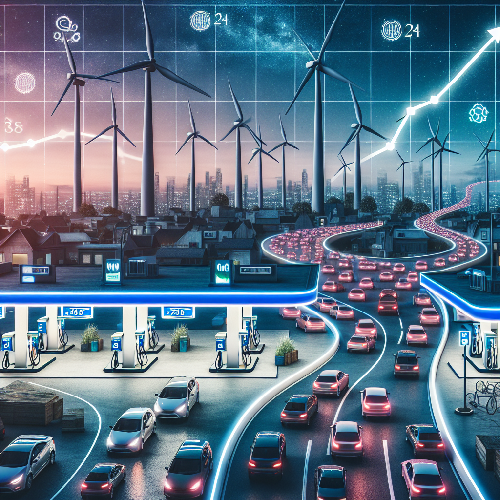 Picture a detailed landscape of an urban city with cars lining up in front of brightly lit gas stations under the evening sky. The signs display the increasing gas prices. Infographics overlaying the image illustrate the hike in gas prices over time, represented by a line graph climbing steadily upwards. The backdrop features towering wind turbines and solar panels, symbolizing renewable energy alternatives. A roadmap meanders through the scene, metaphorically leading from the gas stations towards these renewable energy sources, indicating a shift in energy policy.