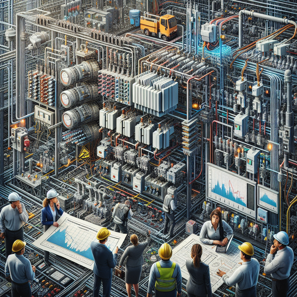 A detailed representation of a potential nationwide power grid failure. Visualize switches, wires, and transformers in a complex network grid, some of which are visibly malfunctioning or broken. Nearby, illustrate a group of individuals of various descents: a Caucasian woman and a South Asian man with hard hats, looking concerned as they analyze charts showing fluctuating electricity supply levels. Also, convey a variety of preventive measures, symbolized by hardhats, blueprints, tools, and safety measures like circuit breakers and emergency backup power generators. The overall tone of the image should communicate urgency yet control and proactive measures.