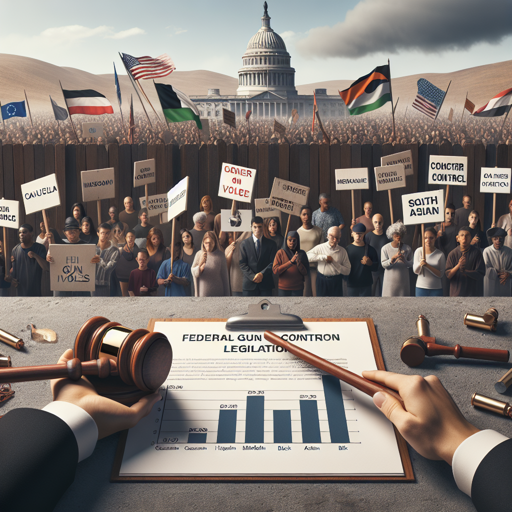 Visual representation of effective strategies to reduce gun violence suggested in a Federal Gun Control Legislation: An organized march of people, with banners and placards, peacefully campaigning for stricter firearm rules. One person from each of the following descents: Caucasian, Hispanic, Black, Middle-Eastern, South Asian, is highlighted, leading the crowd. The sky is overcast, symbolizing the somber mood. Gripping the foreground are images of the legislation papers with a large gavel, representing the legislative aspect of gun control. A bar graph on the side showcases decreasing rates of gun violence, signifying the effectiveness of the strategies.