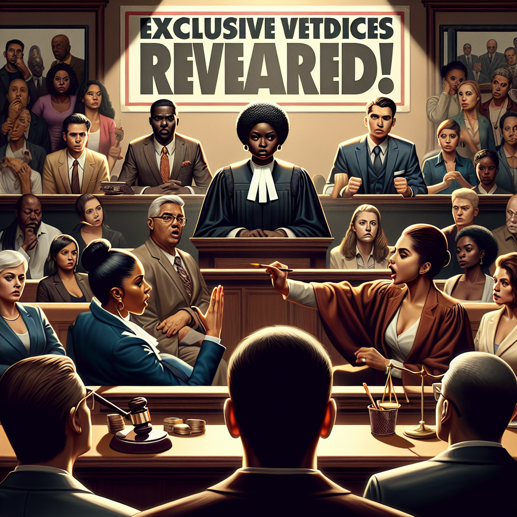 An image of a dramatic courtroom scene. The setting is filled with a diverse set of characters. At the center, is a Black female judge, authoritative and stern, sitting at the bench. Nearby is an Hispanic male prosecutor passionately making his case. A Middle-Eastern defense attorney, calm and composed, listens attentively. In the gallery, observers of various descents and genders watch with rapt attention. A banner headline, 'Exclusive Verdicts Revealed!,' stretches across the top of the image. Remember, no specific faces or identities are shown, only the roles they represent in the courtroom.