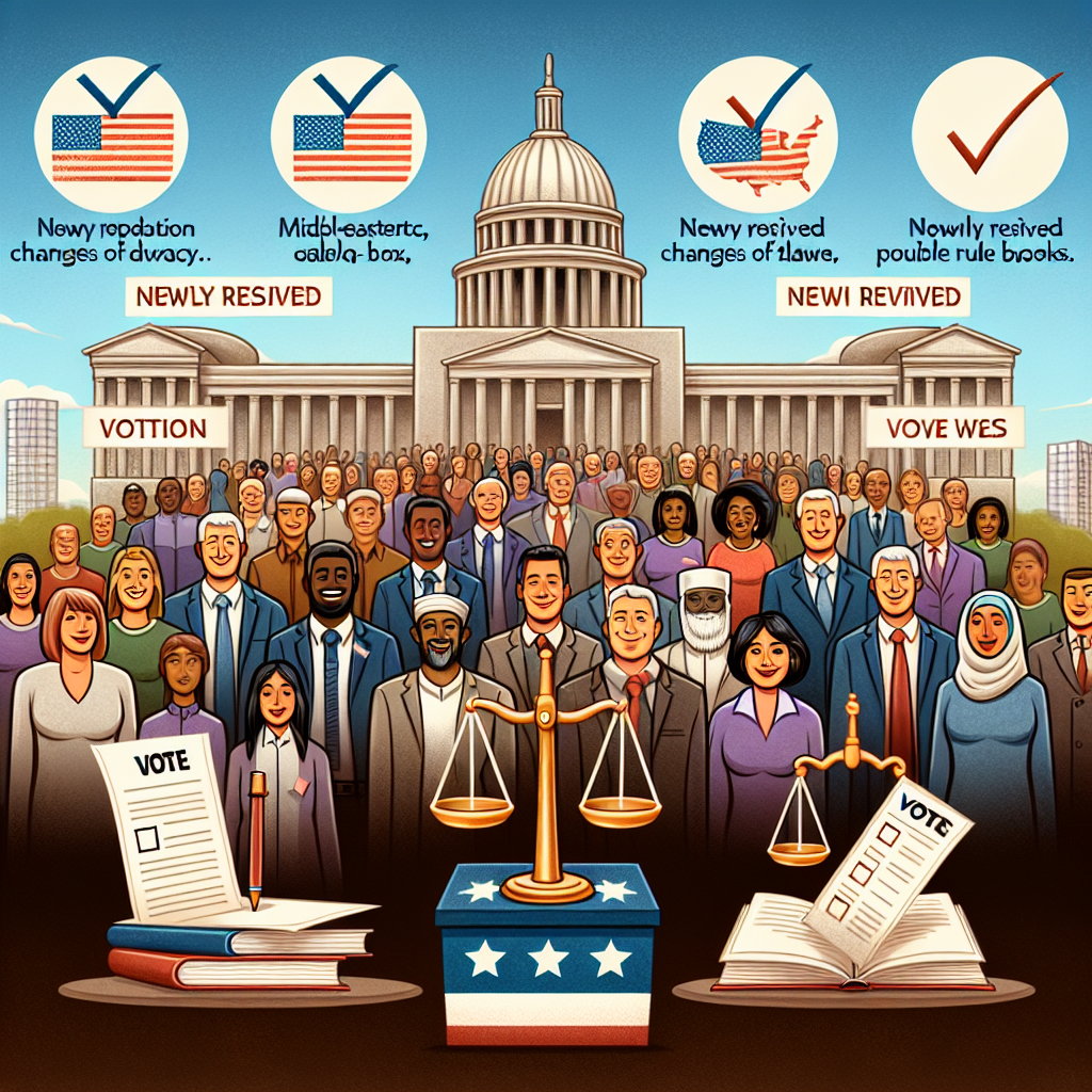 A conceptual representation of positive modifications in voting laws. Depict a diverse group of people from various descents like Hispanic, Middle-Eastern, South Asian, showing satisfaction over recent changes in law. Alongside them, depict symbols of democracy like an updated ballot box, the scales of justice bearing a favorable tilt, and newly revised rule books. The backdrop includes a cityscape with prominent governmental buildings symbolizing the source of these changes. Note: do not include any depictions of specific political figures, parties, or logos.