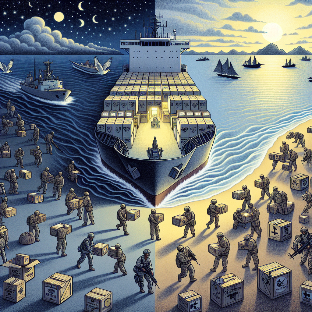 An illustration showing a metaphorical depiction of US Military Aid supporting Global Security Efforts. On the left side, there is a large ship representing the US with people of various descents and both genders loading up crates marked with symbols for medical supplies, food, and military equipment. Some of them are soldiers, while others are civilians. The ship is in the middle of the sea which is calm and peaceful. On the horizon, there is an outline of multiple continents signifying the global reach. Overhead, a sky filled with both day and night symbolizes tireless efforts.