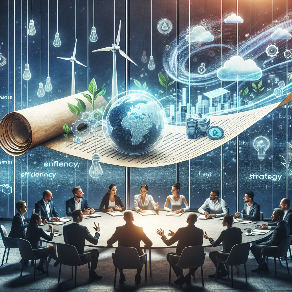 An image representing clean energy investment. Picture a dynamic scene with three primary focuses. Firstly, a group of successful entrepreneurs and investors brainstorming ideas over a large round table. They are a diverse group, including a Middle-Eastern woman, an African woman, and a Caucasian man. Secondly, incorporate symbols that imply clean energy - like a wind turbine, a solar panel, and a wave representing tidal power, all floating above the table in a holographic, futuristic style. Lastly, have a large parchment scroll unrolling in the background, symbolizing legislation, with words like 'Efficiency', 'Climate Change', and 'Strategy' subtly visible.