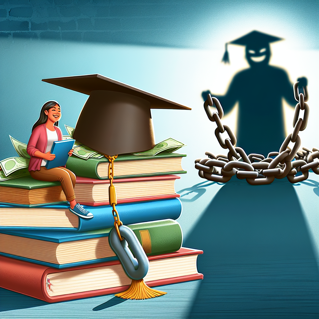 A larger, symbolic representation of the concept of student loan forgiveness: A pile of student books and a graduation cap in the foreground. Behind it, the shadow of a large, ominous chain being broken apart, signifying the relief of debt absolution. A relieved individual, a Hispanic woman in her late 20s, is smiling on witnessing the broken chain. Bright light fills the background symbolizing hope and change.