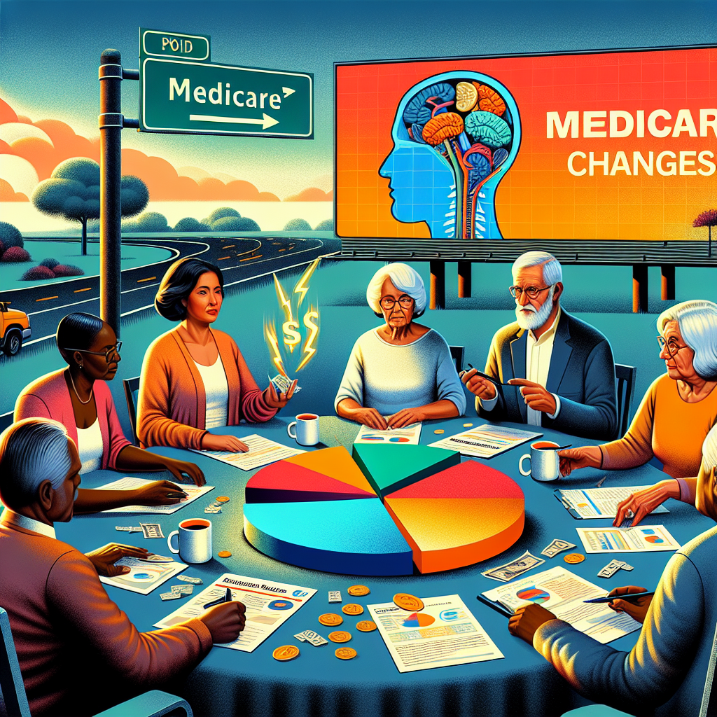 A detailed illustration presenting the concept of Medicare changes. The image shows a diverse group of seniors - a South Asian woman, a Black man, a Caucasian woman and a Hispanic man, all immersed in discussions about healthcare costs. They are seated around a table which is littered with healthcare reports, insurance documents, and a large, brightly colored pie chart indicating healthcare spending. In the background, there's a billboard showing a road sign which reads 'Effortless Solutions', pointing towards a more affordable healthcare scenario.