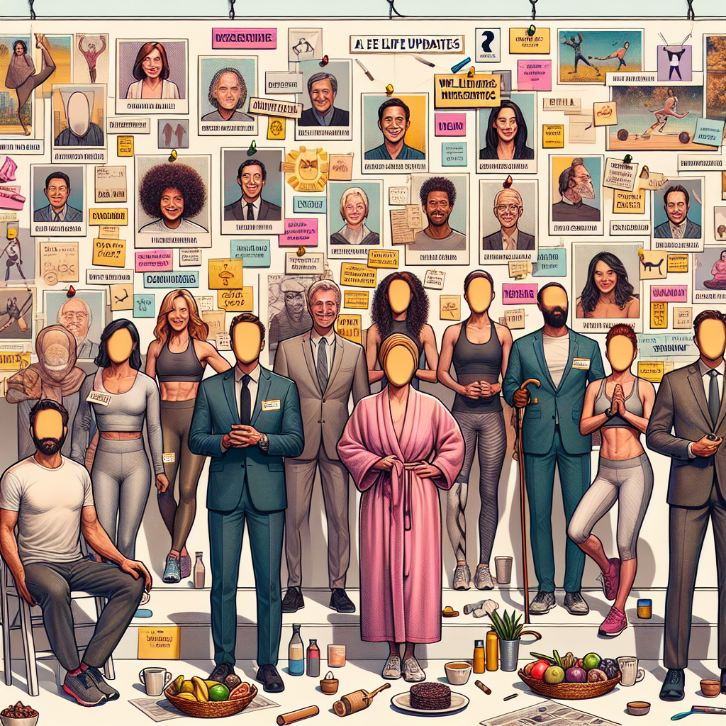 A creative and engaging scene portraying an imaginary event sharing glimpses of high-profile individuals. Include men and women of various descents like Caucasians, Black, Middle-Eastern, South Asian, and Hispanic personalities attending the event. Display signs of wellness activities like yoga, jogging, meditation, and healthy eating. Include symbols indicating aspects of their life updates, such as a wall filled with sticky note milestones, and a bulletin board displaying various activities. Please keep all faces ambiguous to respect their privacy, maintaining the essence of glamour and health.