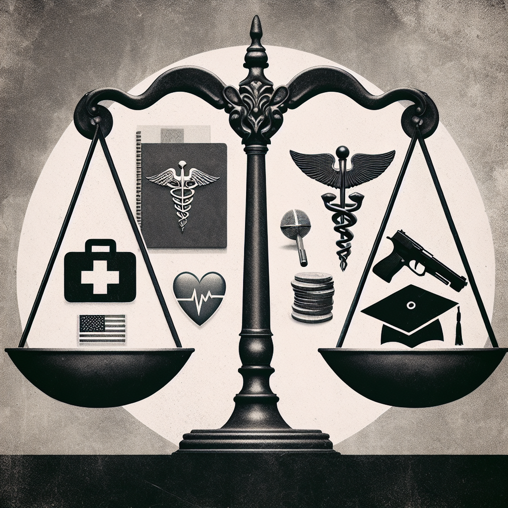 An image capturing the key themes of the American judicial system focusing on three significant topics: abortion rights, gun laws, and student loans. There should be a scale or balance in the center, symbolizing justice. On one side, place a medical symbol and a graduation cap to represent abortion rights and student loans. Opposite them, a symbol of a gun references the gun laws. A discreet U.S. flag should be included in the composition to symbolize the jurisdiction. The overall tone should be serious and somber, in accordance with the gravity of the themes addressed. 
