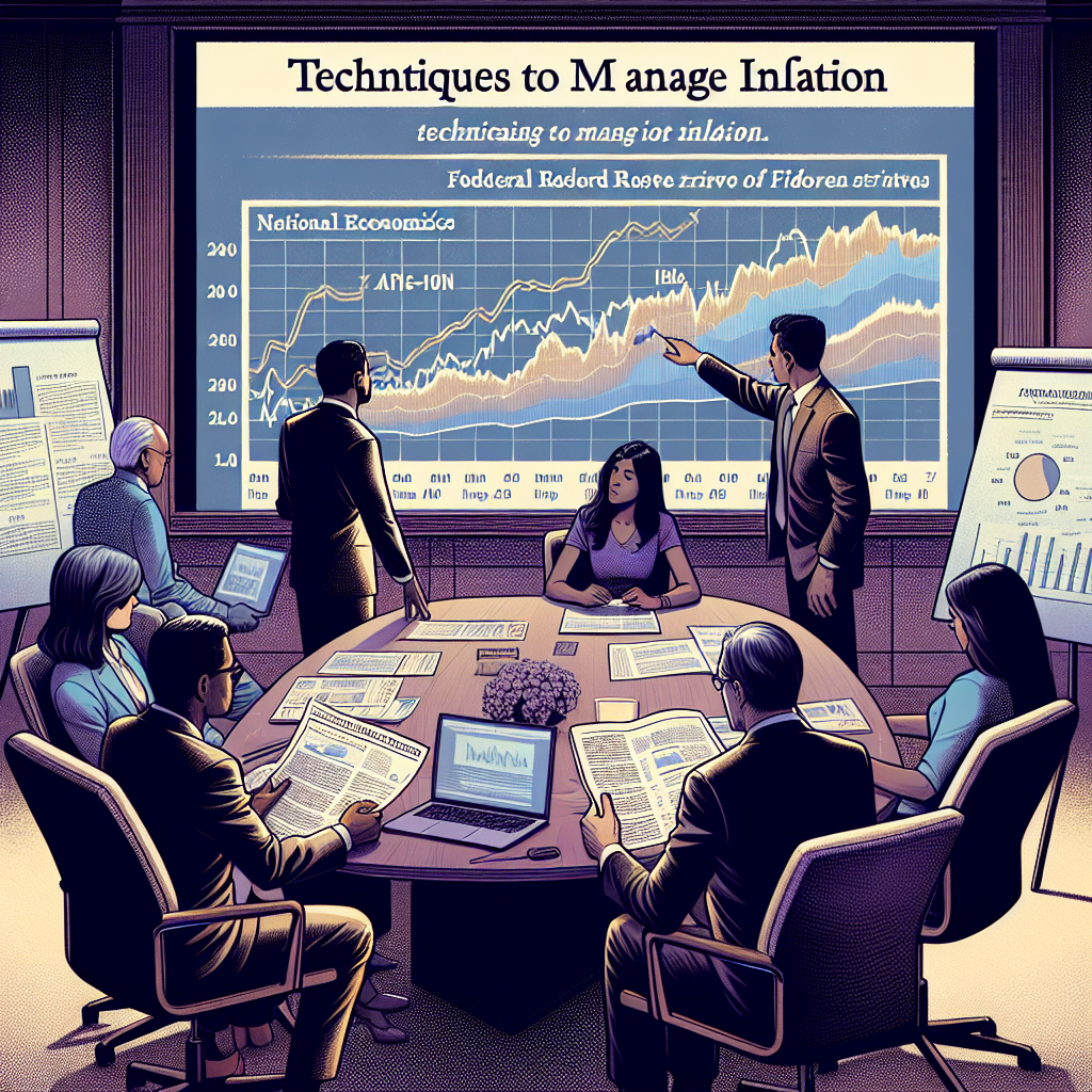 An illustrated scene of a group of economic strategists in a meeting room, discussing techniques to manage inflation. They are examining charts and graphs on a large screen highlighting trends in Federal Reserve interest rates. One person, a South Asian man, is actively pointing at the screen, explaining a trend to a Middle Eastern woman who is attentively listening. A Black man and a Caucasian woman are engaged in a discussion at a separate side table, scrutinizing paperwork. Depict the tension, focus, and seriousness that embody these crucial discussions on national economics.