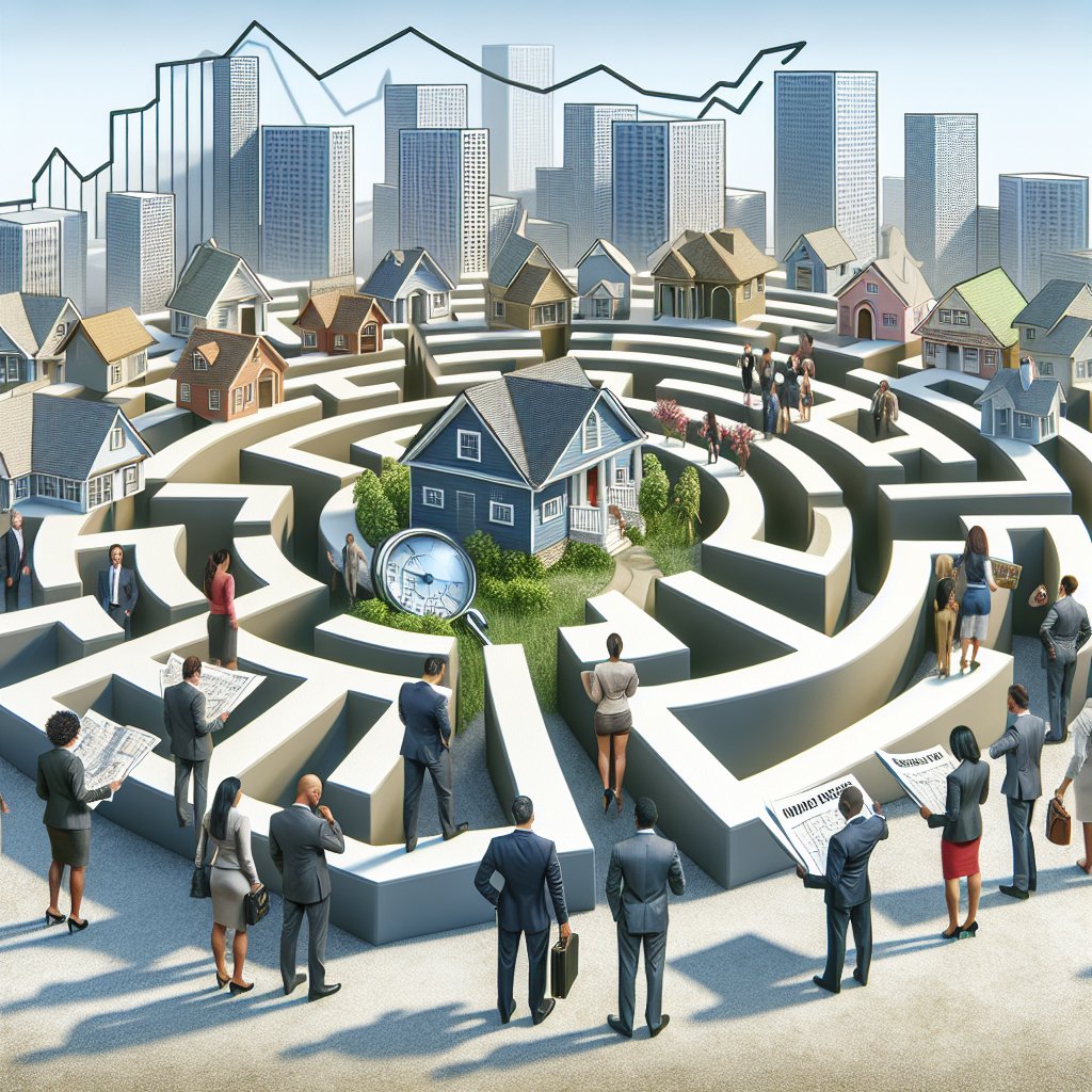 Visualize an artistically compelling and informative piece that could accompany an article about the US housing market crisis. The image should depict a clear metaphor: a complex maze, reflecting the challenges home buyers face with rising mortgage rates. In the foreground, a diverse group of people representing potential home buyers of various descents (Caucasian, Hispanic, Black, Middle-Eastern, South Asian, etc.) are standing at the entrance. Some of them studying maps, while others are discussing the best strategies to navigate the maze. In the background, various styles of homes and a rising graph line symbolizing the increasing mortgage rates could be seen.
