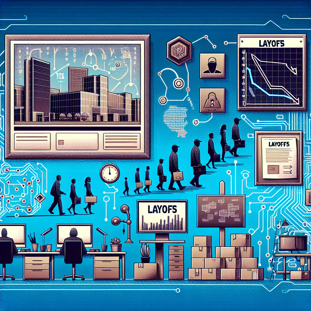 An in-depth illustration showing the tech industry in the United States. The image should include visuals indicating layoffs, such as vacant office spaces with computers and chairs, a digital screen displaying dropping graphs, and perhaps a notice board with layoffs announcement. To represent the industry, include elements like binary codes, circuit diagrams, and software icons. Make sure to depict a diverse set of employees (e.g., a Middle-Eastern woman, a Caucasian man) leaving the building with boxes containing their belongings to highlight the theme of layoffs.