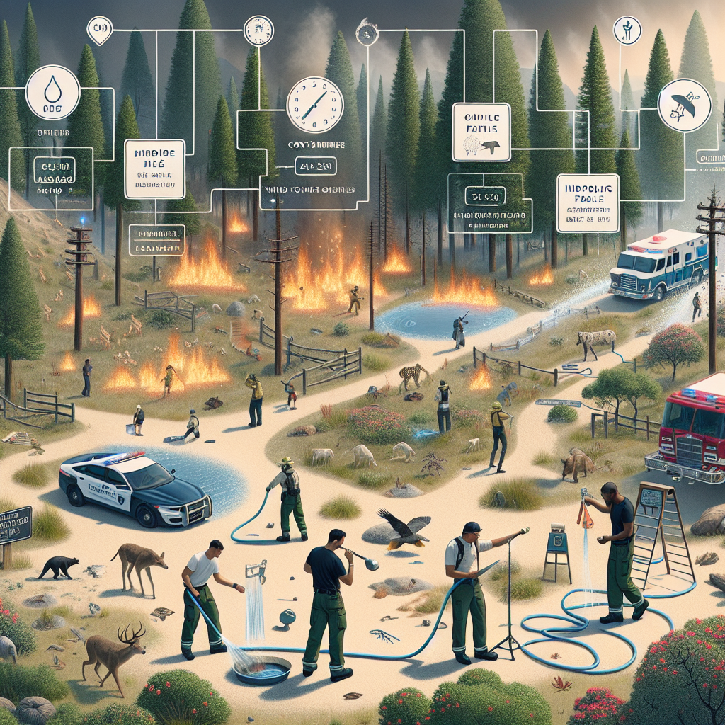 Visualize a scene of extreme heatwave in a forest area, hinting at a potential wildfire emergency. Multiple signs can be visible to indicate the high temperature, such as heat haze, parched trees, and wildlife seeking shelter. Somewhere in the scene, display a number of people of different genders and descents - Asian female, Black male, Hispanic male and Middle-Eastern female - executing best strategies to combat the heatwave, like setting up fire containment lines, using water hoses or setting up a control burn. In the background, safety signs and emergency response vehicles can be included for added context.
