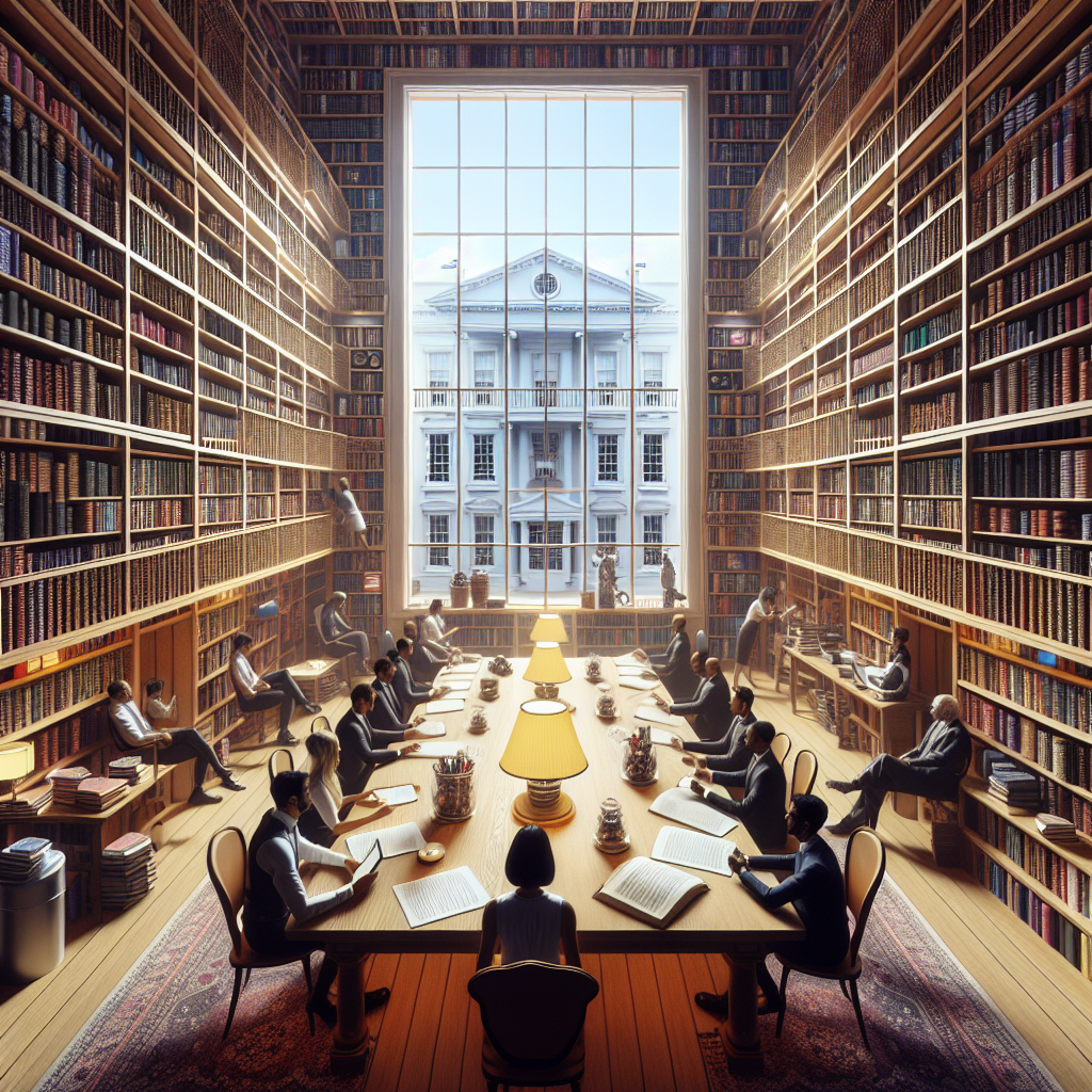Picture the scene of a voluminous library with bookshelves stacked to the ceiling filled with books about artificial intelligence and laws. In the center, there's a large oak table with several papers spread out, containing phrases like 'AI Regulations' and 'Policy Insights'. A bright lamp casts light on these papers. Behind the table, there's a window showcasing a view of a white Georgian-style building hinting at law making bodies without directly stating them, symbolizing the White House. Around are a few people of different genders and descents engrossed in thoughtful discussion.