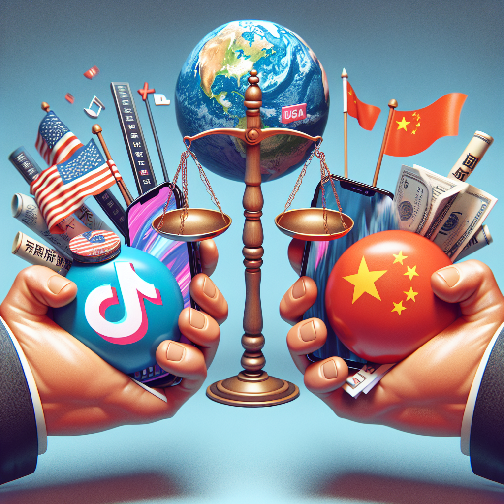 An image showcasing two hands, one grasping a mobile device displaying the logo of a generic video sharing app, and the other holding a legal document. A globe with an emphasis on North America and China stands in the background, symbolising the international nature of the issue. A whimsical scale, its pans holding the icons for technology and law, hovers above the scene. Both the hands emerge from the flags they represent (US flag and Chinese flag), indirectly implying their governmental ties. Between the hands, a speech bubble contains the words 'TikTok Ban Debate', catching viewers attention.