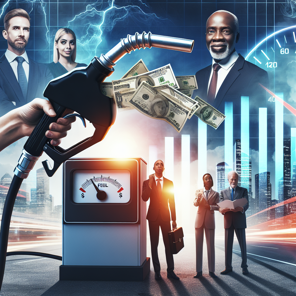 An abstract scene representing the concept of energy policy changes benefiting individual profits in relation to rising US gas prices. Picture a gas pump with dollar bills coming out of the nozzle, indicating increased revenues. In the background, show a fuel gauge with the needle indicating 'high'. Arrayed in the foreground are diverse individuals: a middle-aged Caucasian male businessman, a young Black female entrepreneur, and an elderly Hispanic male retiree, all looking pleased while examining a graph of rising profits. The setting is a bright, busy cityscape at dawn.