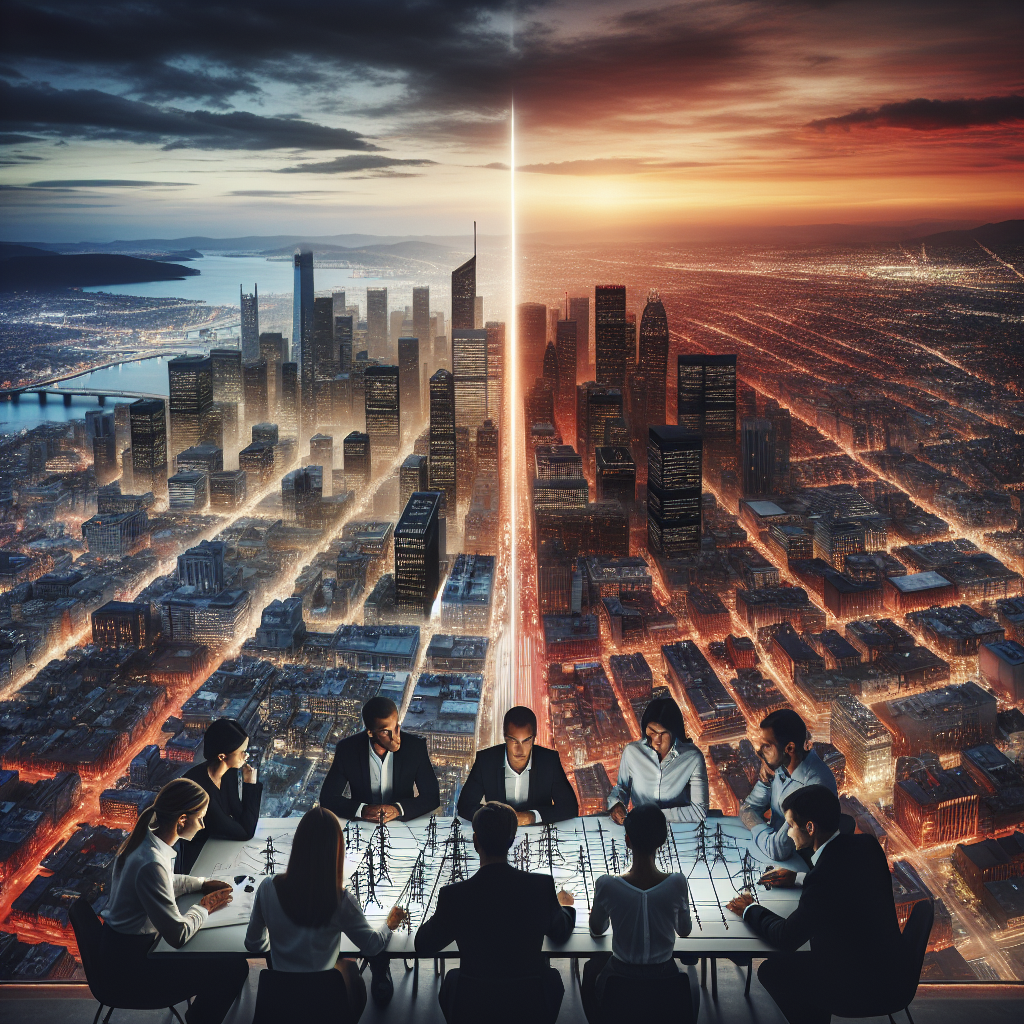 A broad aerial view of a vast cityscape showing sprawling skyscrapers, business centers, residential areas, and transport networks. It's the sunset hour, painting a serene picture of harmony and smooth operation. However, half the city is plunged into darkness as if a line has been drawn, illustrating a sudden power grid failure. Nearby, a team of diverse experts - Caucasian woman, Black man, and Hispanic man - are gathered around a table peering at blueprints, diagrams, and computer screens depicting a power grid. They appear concentrated, strategies and solutions swirling in the air alongside their dynamic discussions. They symbolize the hope and dedication in preventing a nationwide blackout.
